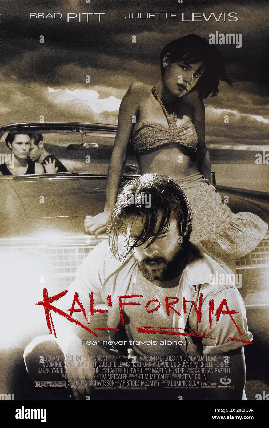 David Duchovny, Michelle Forbes, Juliette Lewis & Brad Pitt Movie Poster Film: Kalifornia (USA 1993) Characters: Brian Kessler, Carrie Laughlin, Adele Corners, Early Grayce  Director: Dominic Sena 03 September 1993   **WARNING** This Photograph is for editorial use only and is the copyright of PROPAGANDA FILMS and/or the Photographer assigned by the Film or Production Company and can only be reproduced by publications in conjunction with the promotion of the above Film. A Mandatory Credit To PROPAGANDA FILMS is required. The Photographer should also be credited when known. No commercial use ca Stock Photo