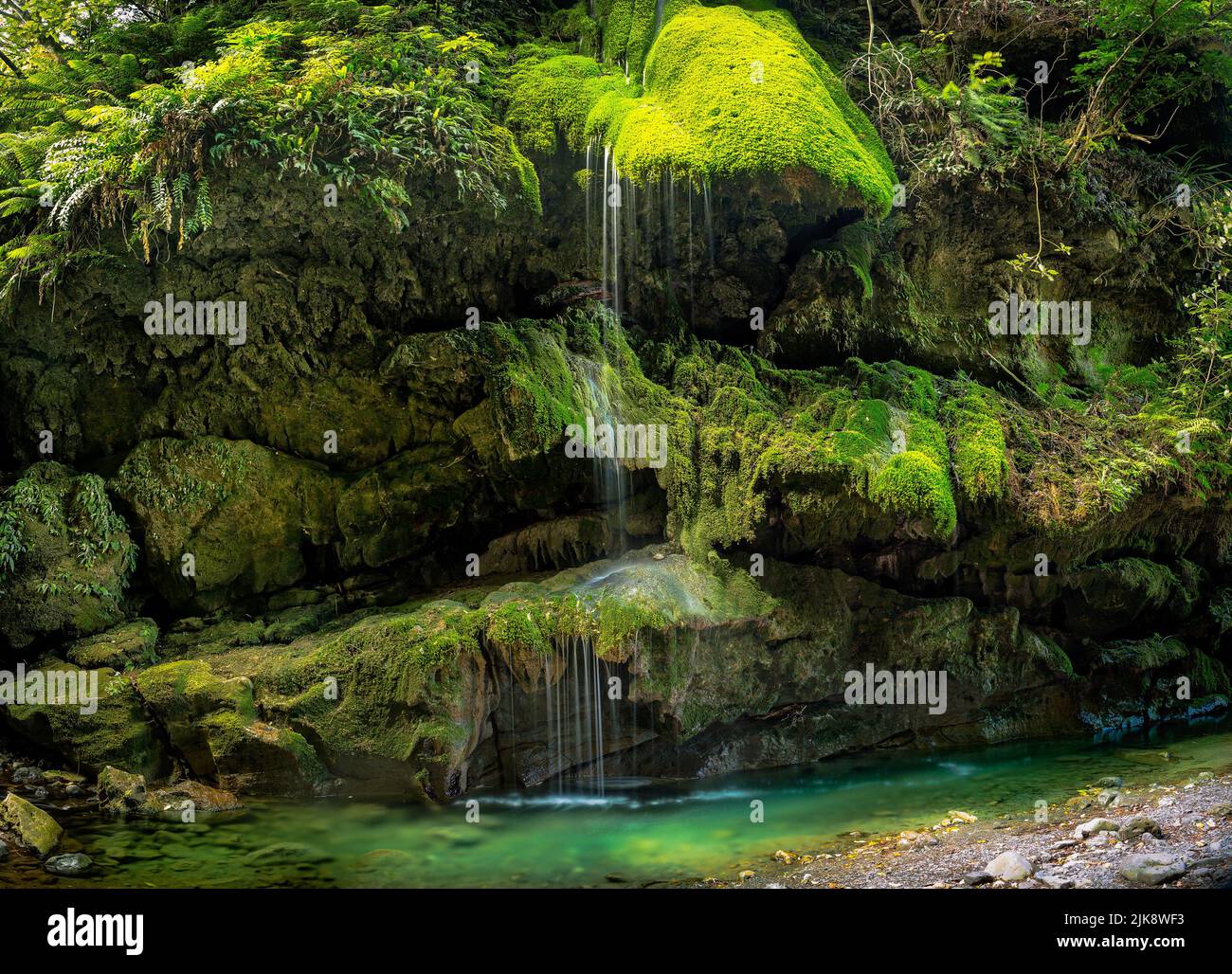 Small waterfall flowing over the Cliff face and its moss and lichen in the underground gorge in Martinborough Stock Photo