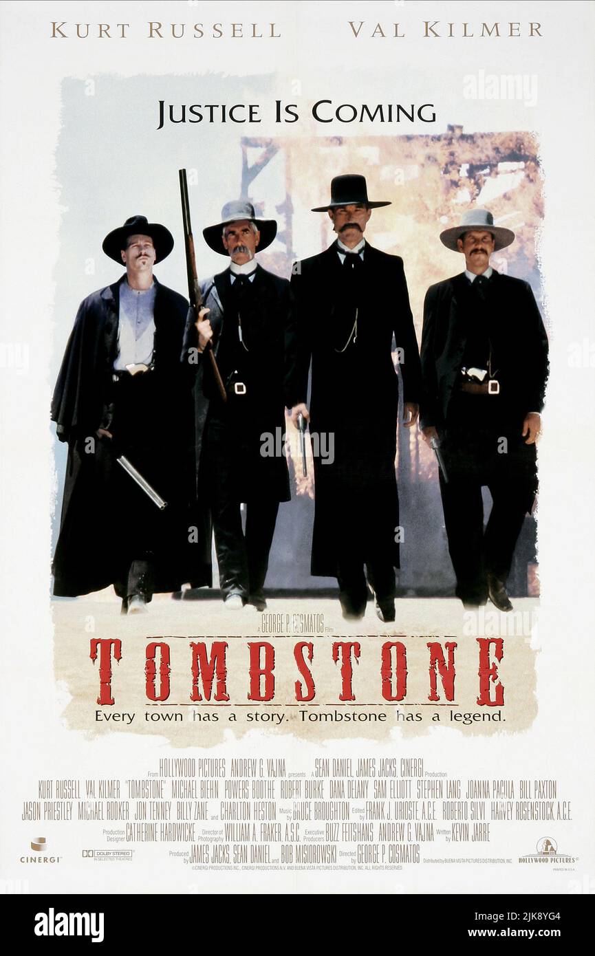 Kurt Russell, Sam Elliott, Val Kilmer & Bill Paxton Film: Tombstone (USA 1983) Characters: Wyatt Earp, Virgil Earp, Doc Holliday, Morgan Earp  Director: George P. Cosmatos 25 December 1993   **WARNING** This Photograph is for editorial use only and is the copyright of BUENA VISTA and/or the Photographer assigned by the Film or Production Company and can only be reproduced by publications in conjunction with the promotion of the above Film. A Mandatory Credit To BUENA VISTA is required. The Photographer should also be credited when known. No commercial use can be granted without written authori Stock Photo