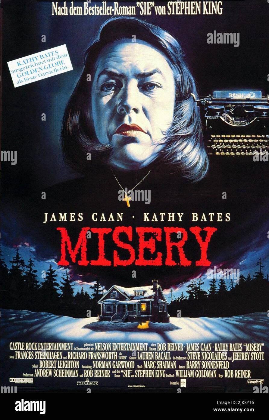 Kathy Bates Movie Poster Film: Misery (USA 1990) Characters: Annie Wilkes  / Literaturverfilmung (Based On The Book By Stephen King) Director: Rob Reiner 29 November 1990   **WARNING** This Photograph is for editorial use only and is the copyright of CASTLE ROCK ENTERTAINMENT and/or the Photographer assigned by the Film or Production Company and can only be reproduced by publications in conjunction with the promotion of the above Film. A Mandatory Credit To CASTLE ROCK ENTERTAINMENT is required. The Photographer should also be credited when known. No commercial use can be granted without writt Stock Photo