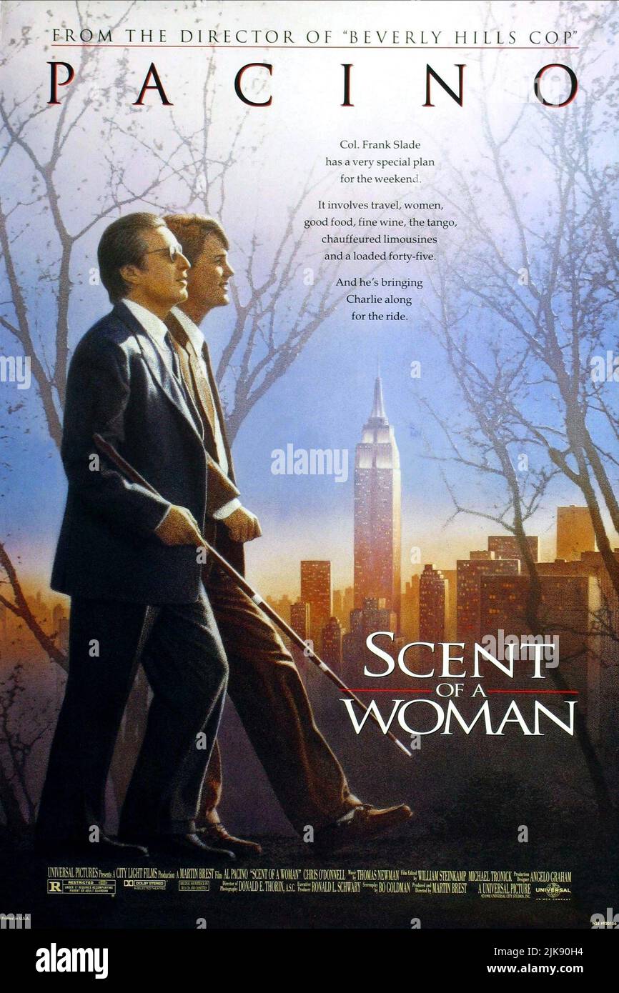 Al Pacino & Chris O'Donnell Poster Film: Scent Of A Woman (USA 1992) Characters: Lieutenant Colonel Frank Slade, Charlie Simms  / Location: New York City Director: Martin Brest 23 December 1992   **WARNING** This Photograph is for editorial use only and is the copyright of UNIVERSAL and/or the Photographer assigned by the Film or Production Company and can only be reproduced by publications in conjunction with the promotion of the above Film. A Mandatory Credit To UNIVERSAL is required. The Photographer should also be credited when known. No commercial use can be granted without written author Stock Photo