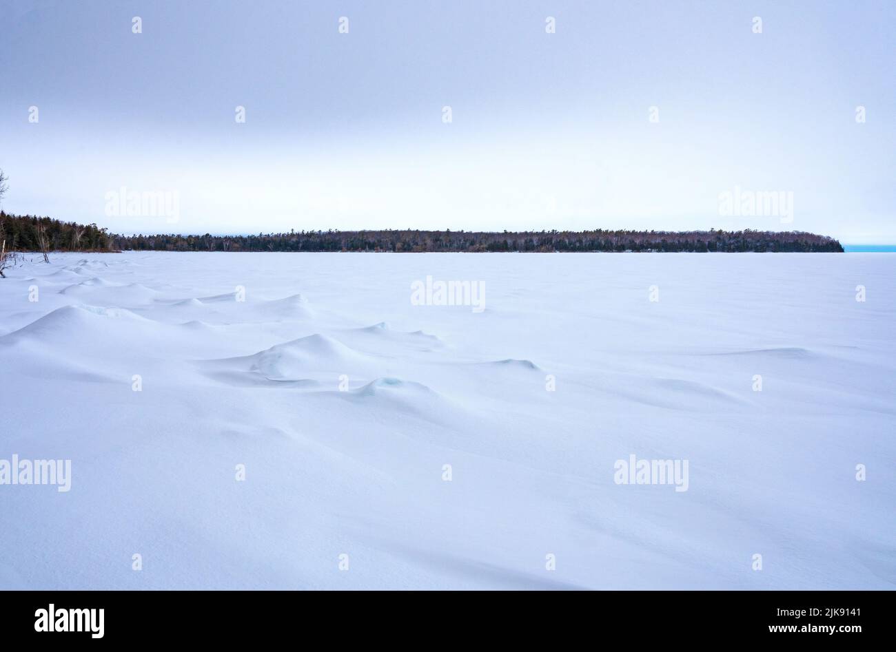 Snow Formations on a Frozen Lake Michigan Shore in Peninsula State Park in Wisconsin Stock Photo