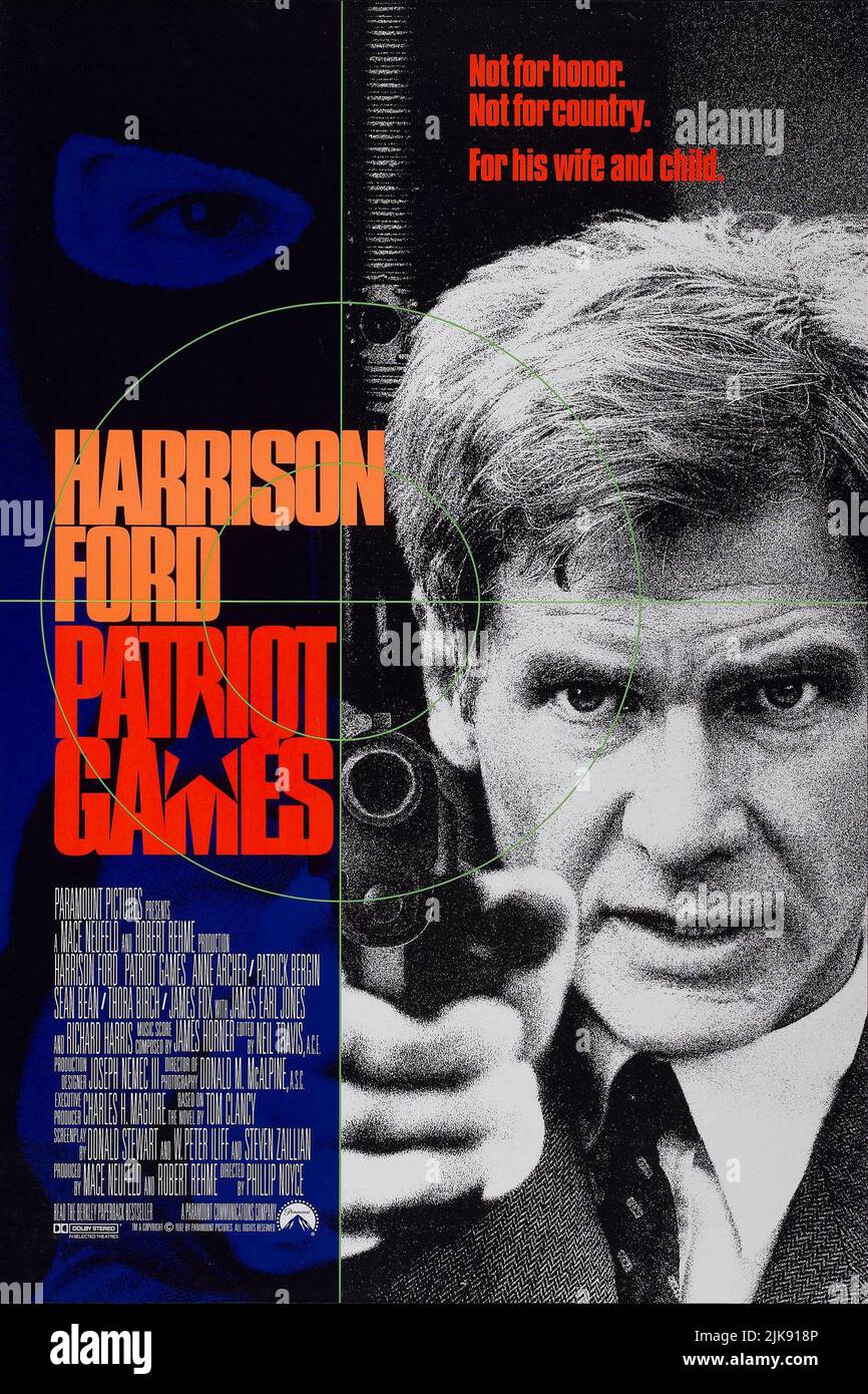 Harrison Ford Poster Film: Patriot Games (USA 1992) Characters: Jack Ryan  / Literaturverfilmung (Based On The Book By  Tom Clancy) Director: Phillip Noyce 05 June 1992   **WARNING** This Photograph is for editorial use only and is the copyright of PARAMOUNT PICTURES and/or the Photographer assigned by the Film or Production Company and can only be reproduced by publications in conjunction with the promotion of the above Film. A Mandatory Credit To PARAMOUNT PICTURES is required. The Photographer should also be credited when known. No commercial use can be granted without written authority fro Stock Photo