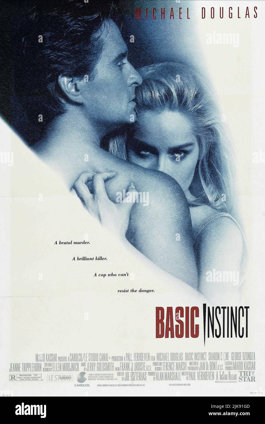 Michael Douglas & Sharon Stone Poster Film: Basic Instinct (USA/FR 1992)   Director: Paul Verhoeven 20 March 1992   **WARNING** This Photograph is for editorial use only and is the copyright of CAROLCO PICTURES and/or the Photographer assigned by the Film or Production Company and can only be reproduced by publications in conjunction with the promotion of the above Film. A Mandatory Credit To CAROLCO PICTURES is required. The Photographer should also be credited when known. No commercial use can be granted without written authority from the Film Company. Stock Photo