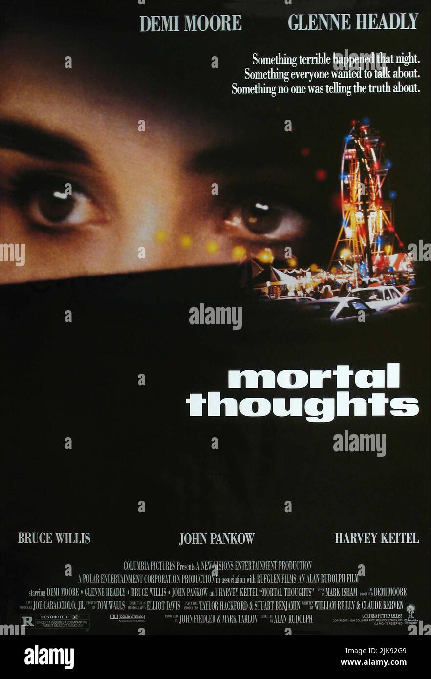 Demi Moore Movie Poster Film: Mortal Thoughts (USA 1991)   Director: Alan Rudolph 19 April 1991   **WARNING** This Photograph is for editorial use only and is the copyright of COLUMBIA PICTURES and/or the Photographer assigned by the Film or Production Company and can only be reproduced by publications in conjunction with the promotion of the above Film. A Mandatory Credit To COLUMBIA PICTURES is required. The Photographer should also be credited when known. No commercial use can be granted without written authority from the Film Company. Stock Photo