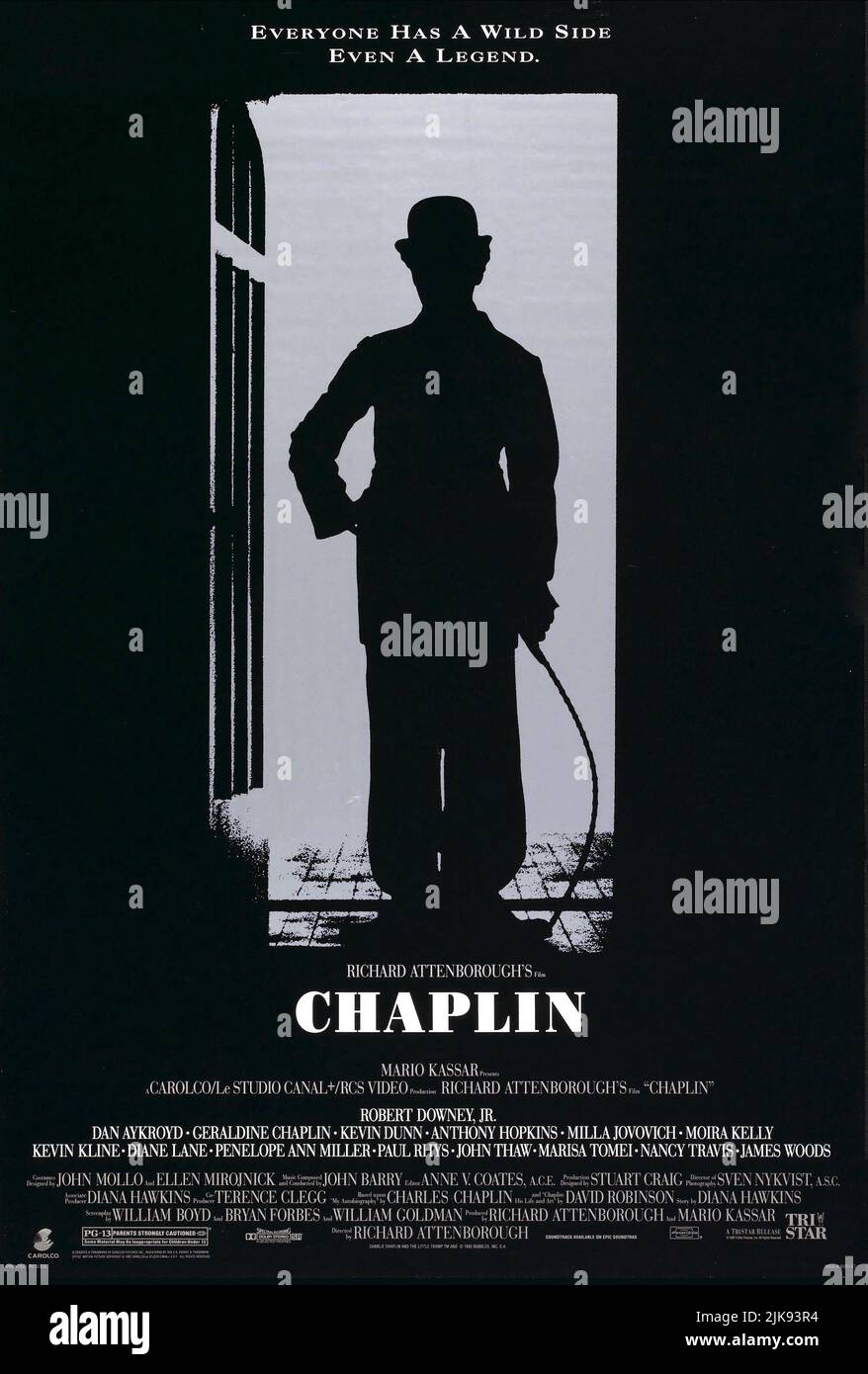 Robert Downey Jr. Poster Film: Chaplin (USA/UK/FR/IT/JP 1992) Characters: Charles Spencer Chaplin  Director: Richard Attenborough 16 December 1992   **WARNING** This Photograph is for editorial use only and is the copyright of CAROLCO PICTURES and/or the Photographer assigned by the Film or Production Company and can only be reproduced by publications in conjunction with the promotion of the above Film. A Mandatory Credit To CAROLCO PICTURES is required. The Photographer should also be credited when known. No commercial use can be granted without written authority from the Film Company. Stock Photo
