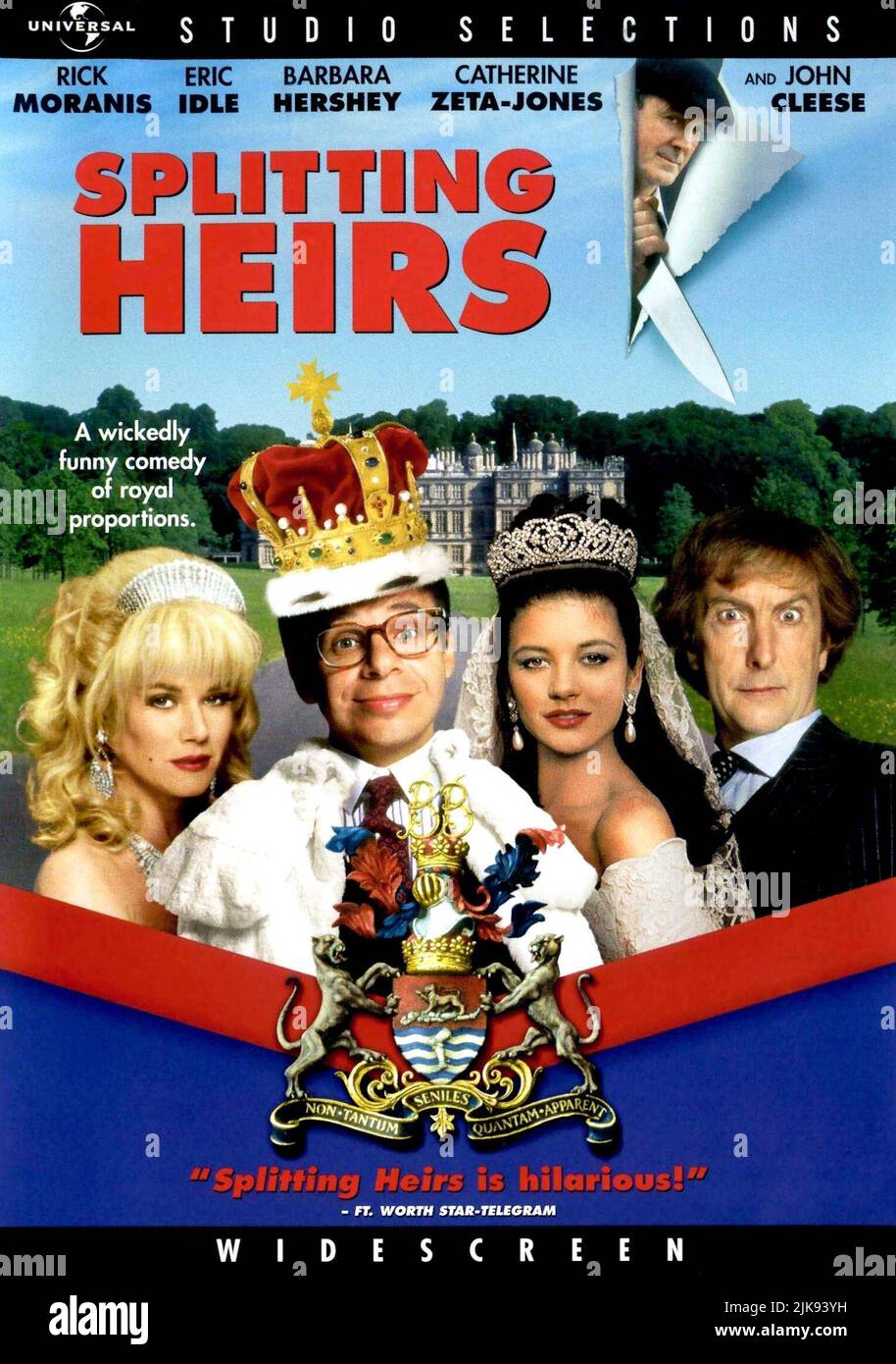 Barbara Hershey, Rick Moranis, Catherine Zeta-Jones, Eric Idle & John Cleese Poster Film: Splitting Heirs (1993) Characters: Duchess Lucinda, Henry Bullock, Kitty, Tommy Butterfly Rainbow Peace Patel, Raoul P. Shadgrind  Director: Robert Young 30 April 1993   **WARNING** This Photograph is for editorial use only and is the copyright of UNIVERSAL and/or the Photographer assigned by the Film or Production Company and can only be reproduced by publications in conjunction with the promotion of the above Film. A Mandatory Credit To UNIVERSAL is required. The Photographer should also be credited whe Stock Photo