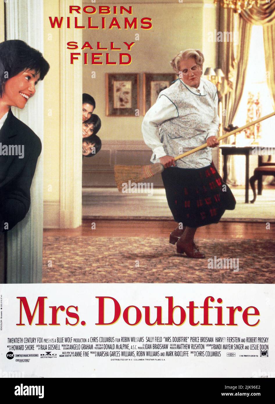 Sally Field & Robin Williams Poster Film: Mrs. Doubtfire (USA 1993) Characters: Miranda Hillard, Daniel Hillard  Director: Chris Columbus 24 November 1993   **WARNING** This Photograph is for editorial use only and is the copyright of 20TH CENTURY FOX and/or the Photographer assigned by the Film or Production Company and can only be reproduced by publications in conjunction with the promotion of the above Film. A Mandatory Credit To 20TH CENTURY FOX is required. The Photographer should also be credited when known. No commercial use can be granted without written authority from the Film Company Stock Photo