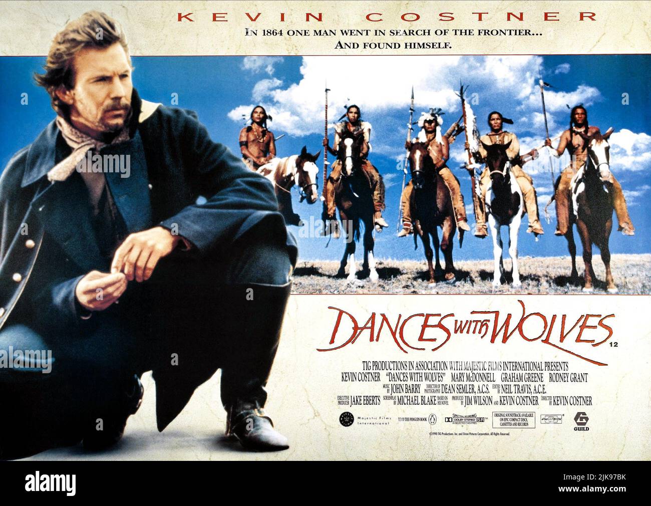 Kevin Costner Poster Film: Dances With Wolves (USA 1990) Characters: Lt. John J. Dunbar  Director: Kevin Costner 19 October 1990   **WARNING** This Photograph is for editorial use only and is the copyright of MAJESTIC and/or the Photographer assigned by the Film or Production Company and can only be reproduced by publications in conjunction with the promotion of the above Film. A Mandatory Credit To MAJESTIC is required. The Photographer should also be credited when known. No commercial use can be granted without written authority from the Film Company. Stock Photo