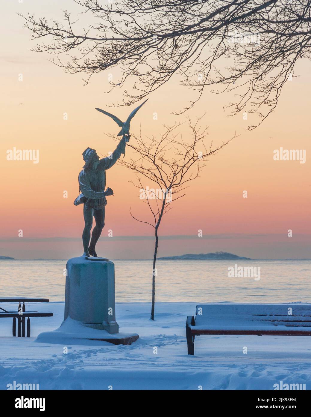 Lynch Park The Falconer Statue at Dawn in Winter with Newly Fallen Snow