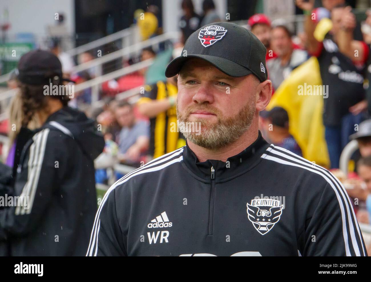 WASHINGTON, DC, USA - 31 JULY 2022: Wayne Rooney on the bench in his first game as head coach of D.C United during a MLS match between D.C United and the Orlando City SC, on July 31, 2022, at Audi Field, in Washington, DC. (Photo by Tony Quinn-Alamy Live News) Stock Photo