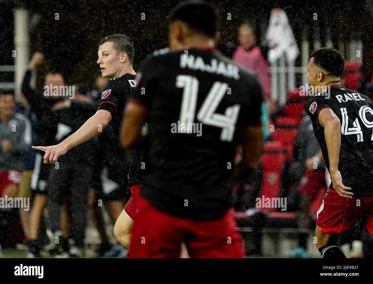 WASHINGTON, DC, USA - 31 JULY 2022: D.C. United midfielder Chris Durkin (8) after scoring the tying goal in overtime during a MLS match between D.C United and the Orlando City SC, on July 31, 2022, at Audi Field, in Washington, DC. (Photo by Tony Quinn-Alamy Live News) Stock Photo