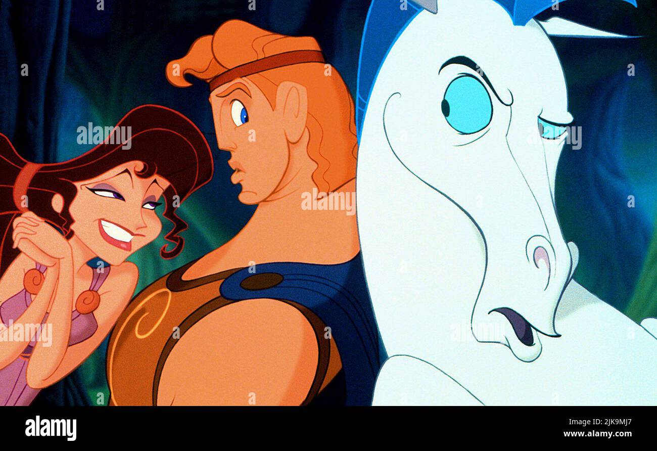 Megara, Hercules & Pegasus Film: Hercules (1997) Characters: Megara,Hercules &  Director: Ron Clements, John Musker 14 June 1997   **WARNING** This Photograph is for editorial use only and is the copyright of DISNEY and/or the Photographer assigned by the Film or Production Company and can only be reproduced by publications in conjunction with the promotion of the above Film. A Mandatory Credit To DISNEY is required. The Photographer should also be credited when known. No commercial use can be granted without written authority from the Film Company. Stock Photo
