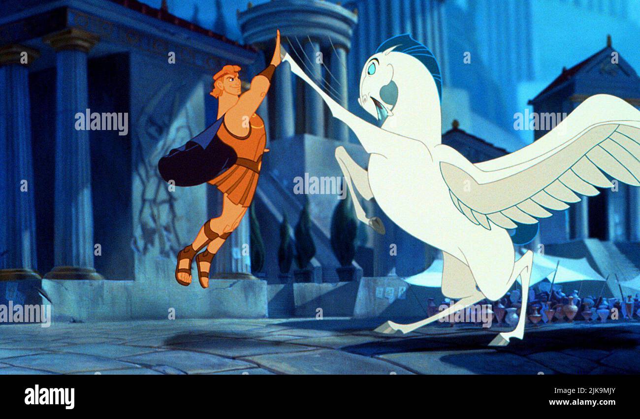 Hercules & Pegasus Film: Hercules (1997) Characters: Hercules &  Director: Ron Clements, John Musker 14 June 1997   **WARNING** This Photograph is for editorial use only and is the copyright of DISNEY and/or the Photographer assigned by the Film or Production Company and can only be reproduced by publications in conjunction with the promotion of the above Film. A Mandatory Credit To DISNEY is required. The Photographer should also be credited when known. No commercial use can be granted without written authority from the Film Company. Stock Photo