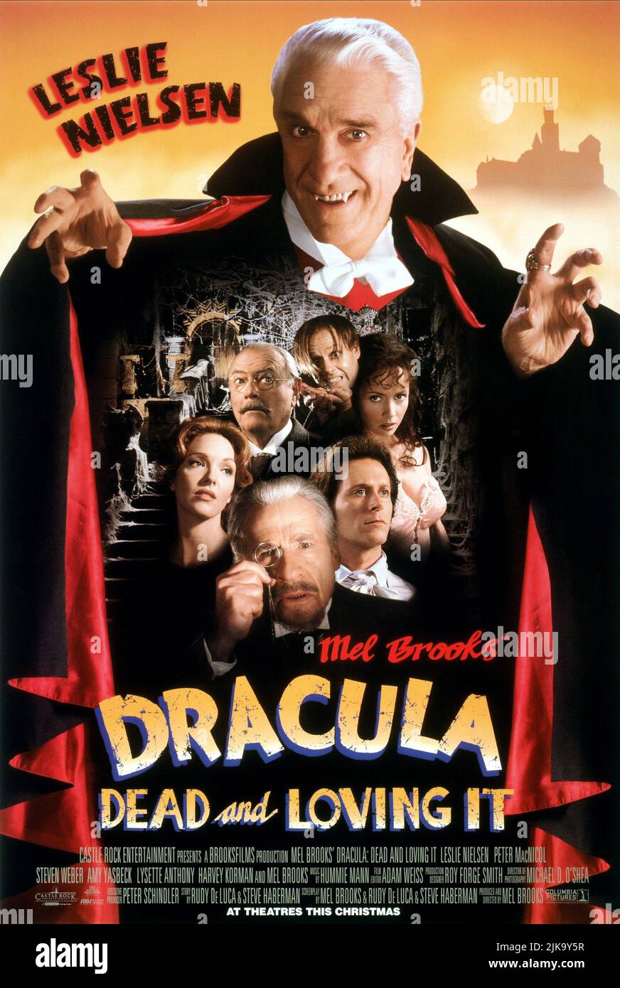 Amy Yasbeck, Harvey Korman, Mel Brooks, Leslie Nielsen, Peter Macnicol, Lysette Anthony & Steven Weber Poster Film: Dracula: Dead & Loving It (USA/FR 1995) Characters: Mina Murray, Dr. Jack Seward, Dr. Abraham Van Helsing, Count Dracula, R.M. Renfield, Lucy Westenra, Jonathan Harker  Director: Mel Brooks 22 December 1995   **WARNING** This Photograph is for editorial use only and is the copyright of CASTLE ROCK and/or the Photographer assigned by the Film or Production Company and can only be reproduced by publications in conjunction with the promotion of the above Film. A Mandatory Credit To Stock Photo