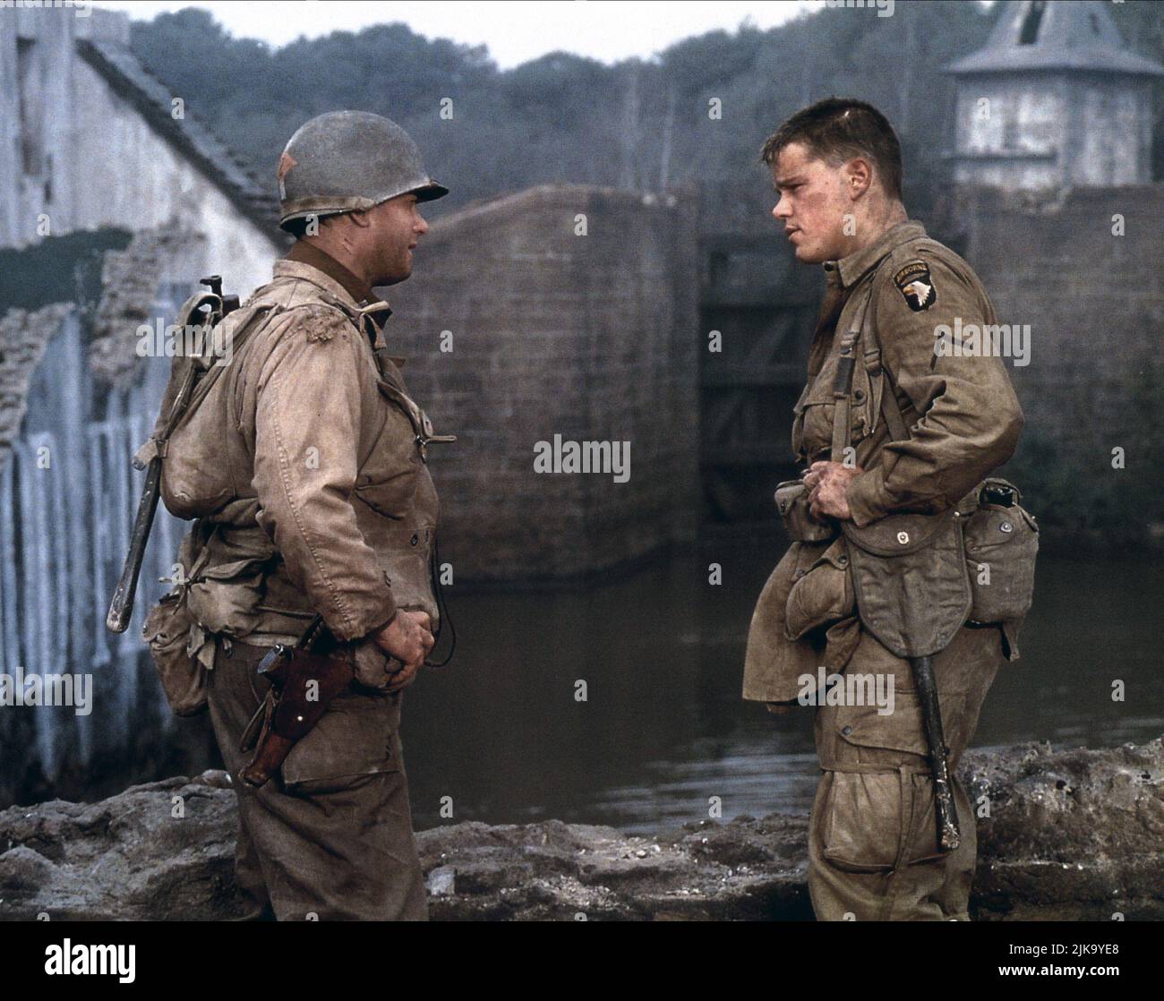 Tom Hanks & Matt Damon Film: Saving Private Ryan (USA 1998) Characters: Capt. John H. Miller, Pvt. James Francis Ryan  Director: Steven Spielberg 21 July 1998   **WARNING** This Photograph is for editorial use only and is the copyright of DREAMWORKSPARAMOUNT PICTURES and/or the Photographer assigned by the Film or Production Company and can only be reproduced by publications in conjunction with the promotion of the above Film. A Mandatory Credit To DREAMWORKSPARAMOUNT PICTURES is required. The Photographer should also be credited when known. No commercial use can be granted without written a Stock Photo