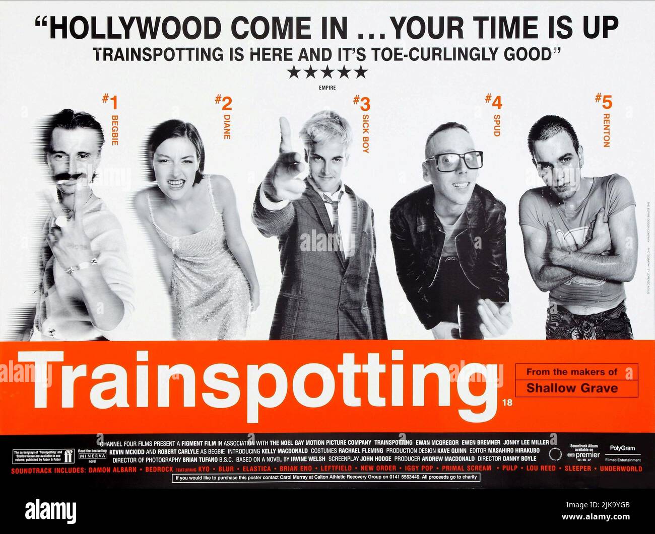 Robert Carlyle, Kelly Macdonald, Jonny Lee Miller, Ewen Bremner & Ewan Mcgregor Poster Film: Trainspotting (UK 1996) Characters: Begbie, Diane, Sick Boy, Spud, Renton  Director: Danny Boyle 23 February 1996   **WARNING** This Photograph is for editorial use only and is the copyright of CHANNEL FOUR FILMS and/or the Photographer assigned by the Film or Production Company and can only be reproduced by publications in conjunction with the promotion of the above Film. A Mandatory Credit To CHANNEL FOUR FILMS is required. The Photographer should also be credited when known. No commercial use can be Stock Photo