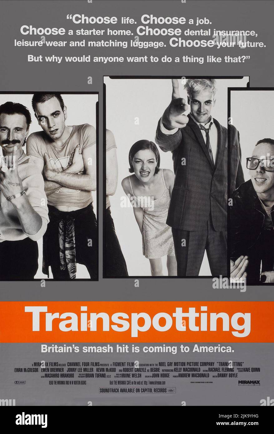Robert Carlyle, Ewan Mcgregor, Kelly Macdonald, Jonny Lee Miller & Ewen Bremner Poster Film: Trainspotting (UK 1996) Characters: Begbie, Renton, Diane, Sick Boy, Spud  Director: Danny Boyle 23 February 1996   **WARNING** This Photograph is for editorial use only and is the copyright of CHANNEL FOUR FILMS and/or the Photographer assigned by the Film or Production Company and can only be reproduced by publications in conjunction with the promotion of the above Film. A Mandatory Credit To CHANNEL FOUR FILMS is required. The Photographer should also be credited when known. No commercial use can be Stock Photo