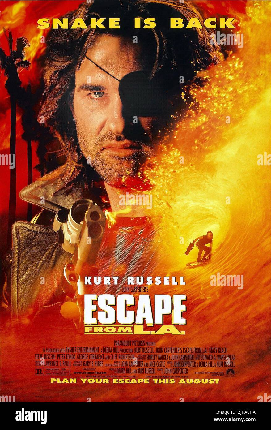 Kurt Russell Poster Film: Escape From L.A. (USA 1996) Characters: Snake Plissken  Director: John Carpenter 09 August 1996   **WARNING** This Photograph is for editorial use only and is the copyright of PARAMOUNT PICTURES and/or the Photographer assigned by the Film or Production Company and can only be reproduced by publications in conjunction with the promotion of the above Film. A Mandatory Credit To PARAMOUNT PICTURES is required. The Photographer should also be credited when known. No commercial use can be granted without written authority from the Film Company. Stock Photo