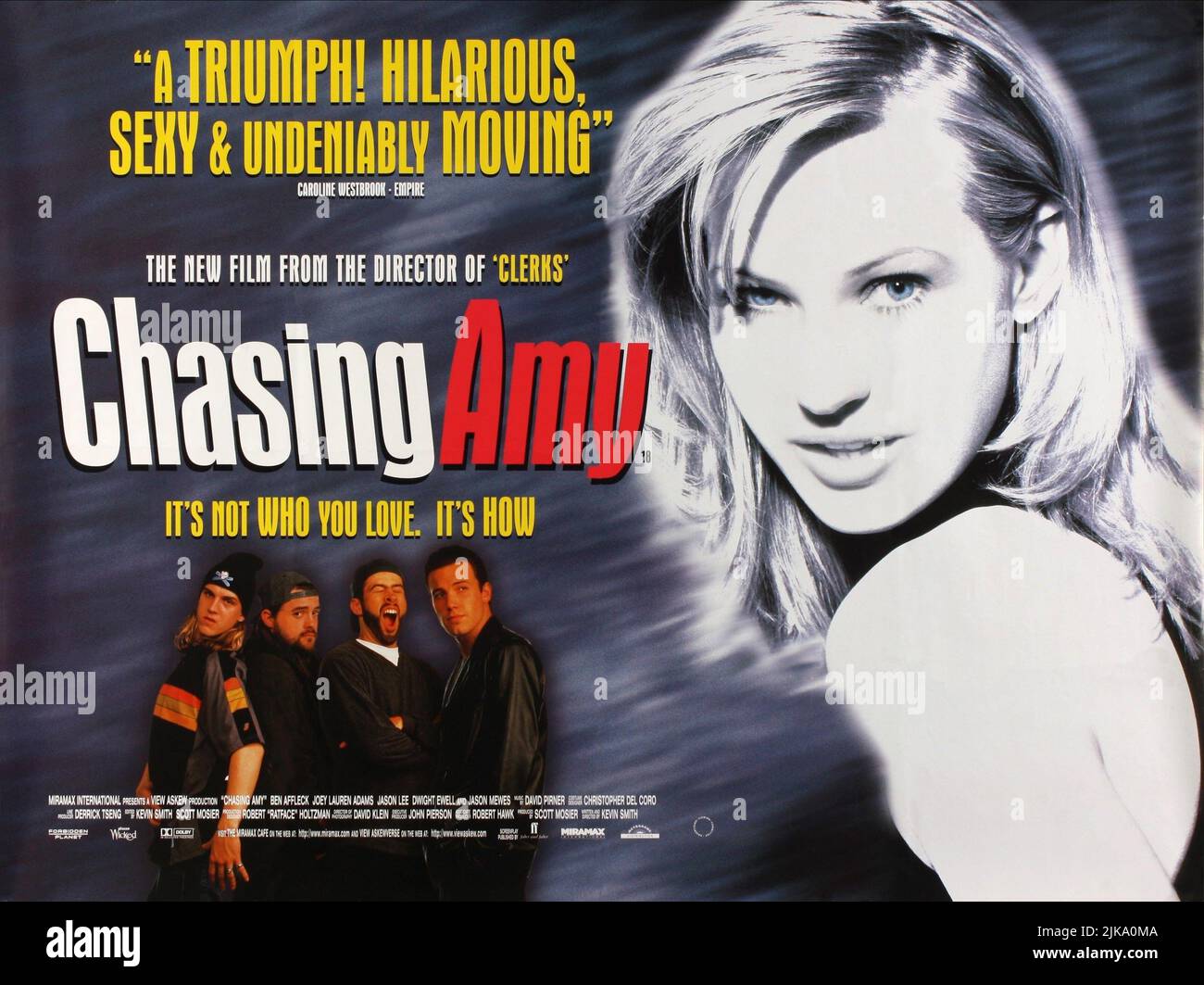 Jason Mewes, Kevin Smith, Jason Lee, Ben Affleck & Joey Lauren Adams Poster Film: Chasing Amy (USA 1997) Characters: Jay, Silent Bob, Banky Edwards, Holden McNeil, Alyssa Jones  Director: Kevin Smith 23 January 1997   **WARNING** This Photograph is for editorial use only and is the copyright of VIEW ASKEW PRODUCTIONS and/or the Photographer assigned by the Film or Production Company and can only be reproduced by publications in conjunction with the promotion of the above Film. A Mandatory Credit To VIEW ASKEW PRODUCTIONS is required. The Photographer should also be credited when known. No comm Stock Photo