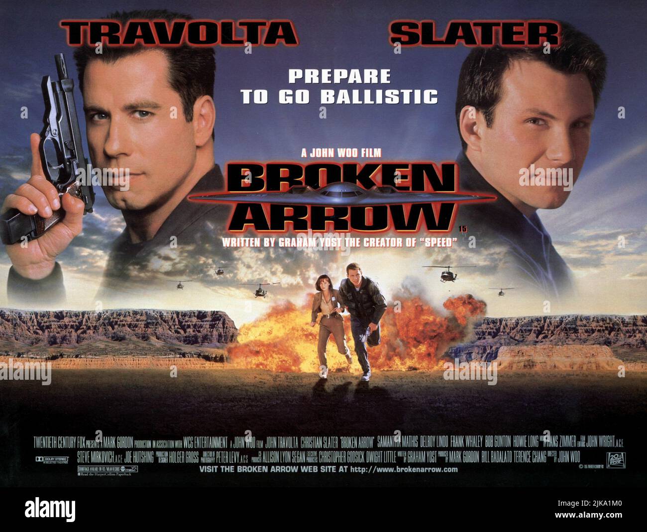 John Travolta, Christian Slater Film: Broken Arrow (USA 1996) Characters: Maj. Vic 'Deak' Deakins,Capt. Riley Hale  Director: John Woo 09 February 1996   **WARNING** This Photograph is for editorial use only and is the copyright of 20TH CENTURY FOX and/or the Photographer assigned by the Film or Production Company and can only be reproduced by publications in conjunction with the promotion of the above Film. A Mandatory Credit To 20TH CENTURY FOX is required. The Photographer should also be credited when known. No commercial use can be granted without written authority from the Film Company. Stock Photo
