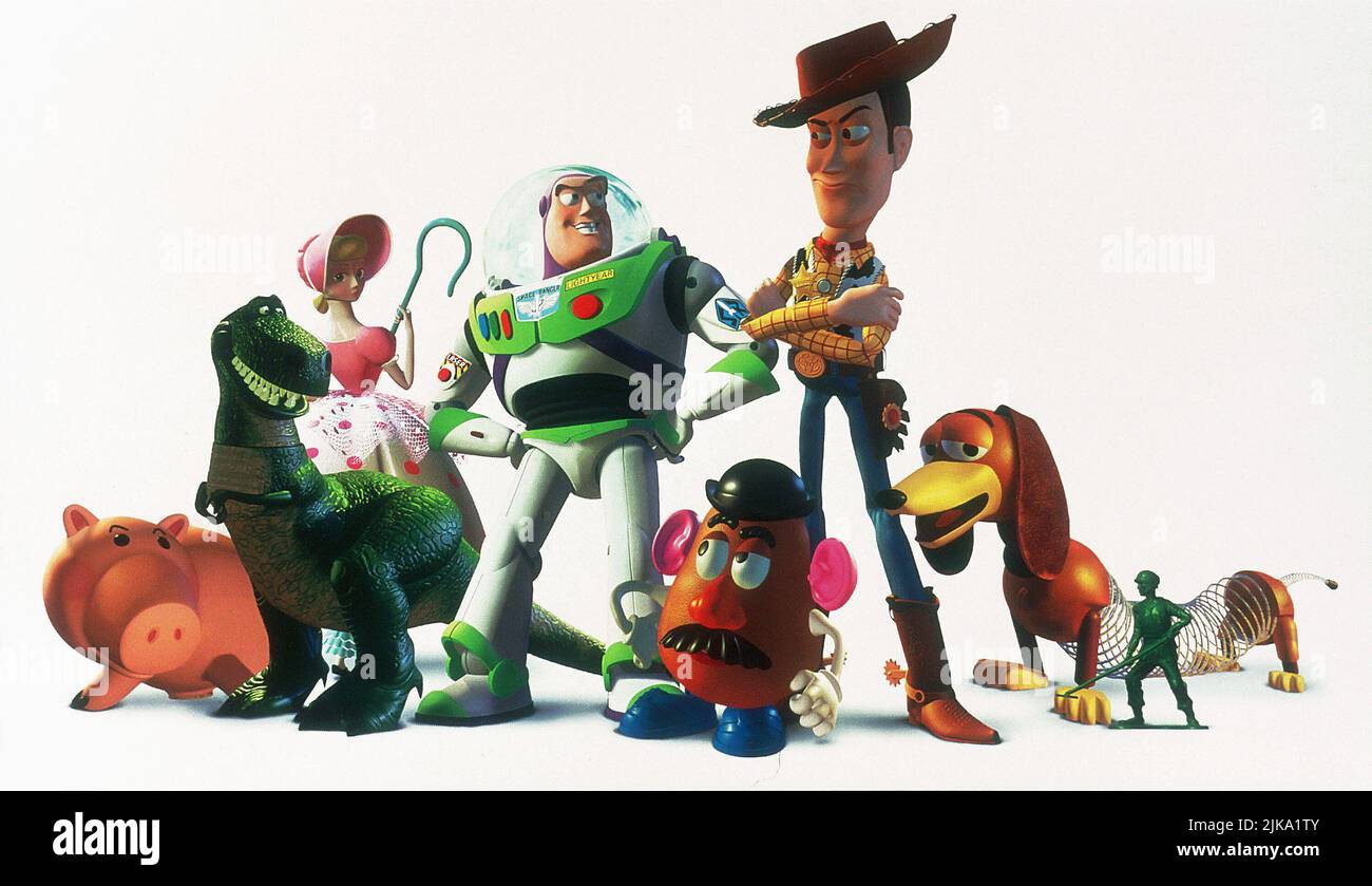 Hamm, Rex, Bo Peep, Buzz Lightyear, Mr Potato Head, Woody, Slinky & Sarge Film: Toy Story (USA 1995) Characters: Hamm,Rex,Bo Peep,Buzz Lightyear,,Woody, &  Director: John Lasseter 19 November 1995   **WARNING** This Photograph is for editorial use only and is the copyright of PIXARDISNEY and/or the Photographer assigned by the Film or Production Company and can only be reproduced by publications in conjunction with the promotion of the above Film. A Mandatory Credit To PIXARDISNEY is required. The Photographer should also be credited when known. No commercial use can be granted without writt Stock Photo