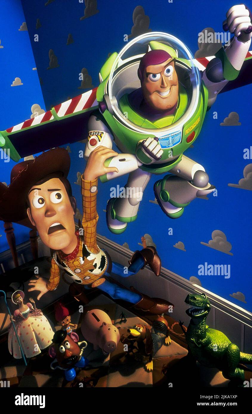 Woody & Buzz Lightyear Film: Toy Story (USA 1995) Characters: Woody & Buzz Lightyear  Director: John Lasseter 19 November 1995   **WARNING** This Photograph is for editorial use only and is the copyright of PIXARDISNEY and/or the Photographer assigned by the Film or Production Company and can only be reproduced by publications in conjunction with the promotion of the above Film. A Mandatory Credit To PIXARDISNEY is required. The Photographer should also be credited when known. No commercial use can be granted without written authority from the Film Company. Stock Photo