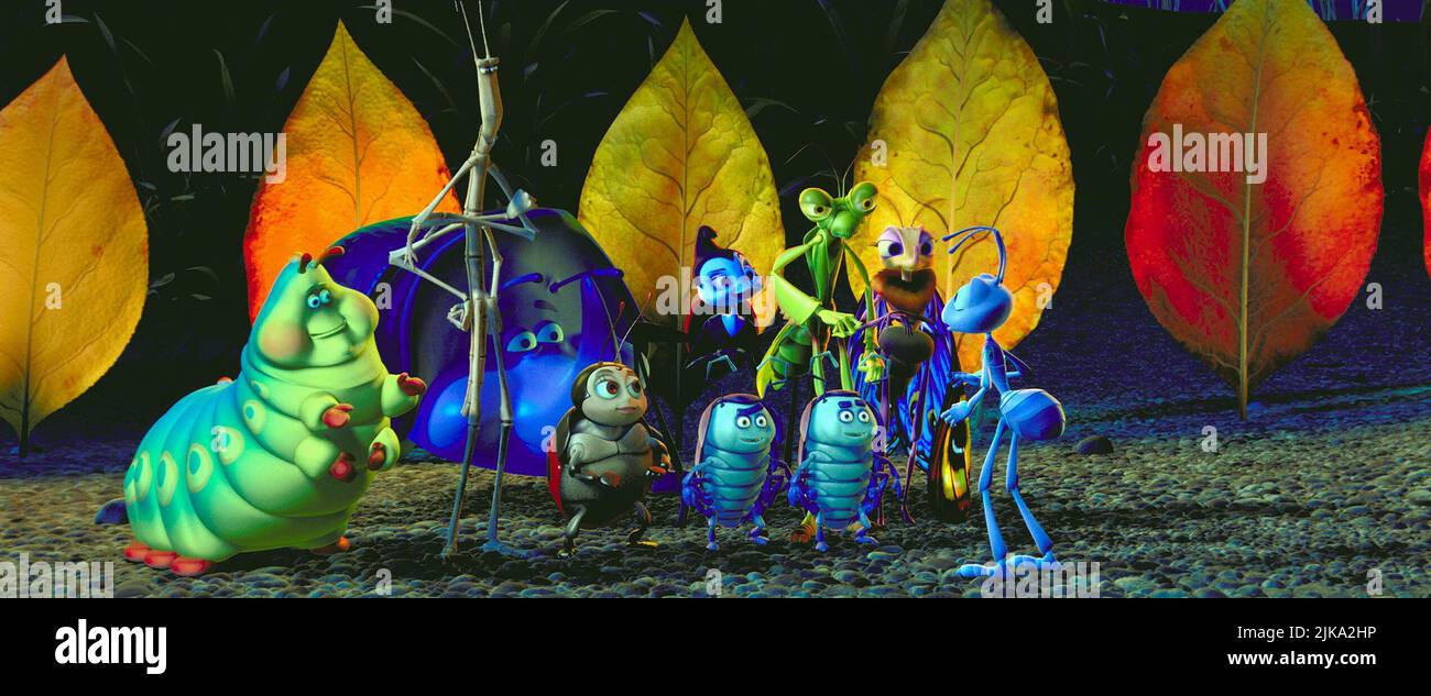 Heimlich, Slim, Dim, Francis, Tuck, Roll, Flik, Manny & Rosie Film: A Bug'S Life (USA 1998) Characters: Heimlich,Slim,Dim,Francis,Tuck,,Flik,Manny & Rosie  Director: John Lasseter & Andrew Stanton 14 November 1998   **WARNING** This Photograph is for editorial use only and is the copyright of DISNEYPIXAR and/or the Photographer assigned by the Film or Production Company and can only be reproduced by publications in conjunction with the promotion of the above Film. A Mandatory Credit To DISNEYPIXAR is required. The Photographer should also be credited when known. No commercial use can be gran Stock Photo