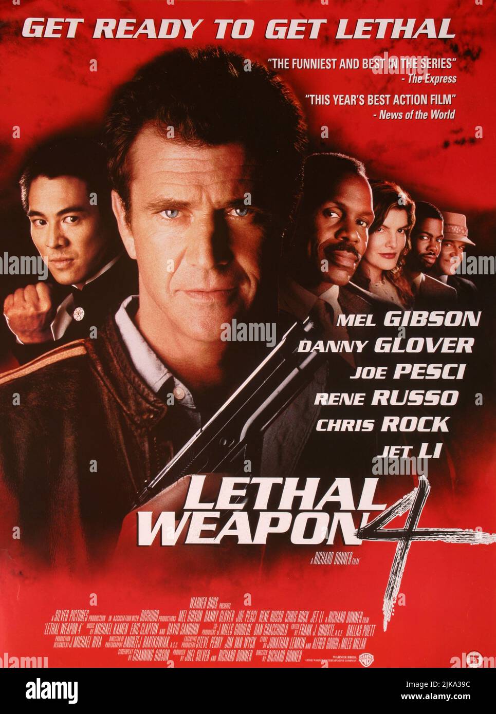 Jet Li, Mel Gibson, Danny Glover, Rene Russo, Chris Rock & Joe Pesci Poster Film: Lethal Weapon 4 (USA 1998)   Director: Richard Donner 10 July 1998   **WARNING** This Photograph is for editorial use only and is the copyright of WARNER BROS. and/or the Photographer assigned by the Film or Production Company and can only be reproduced by publications in conjunction with the promotion of the above Film. A Mandatory Credit To WARNER BROS. is required. The Photographer should also be credited when known. No commercial use can be granted without written authority from the Film Company. Stock Photo