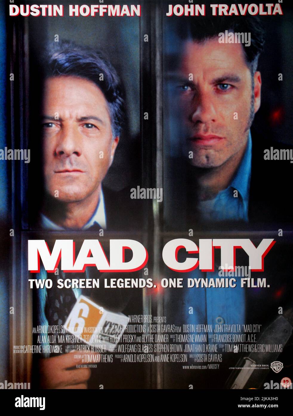 Dustin Hoffman & John Travolta Poster Film: Mad City (1996) Characters: Max Brackett &  Director: Costa-Gavras 10 October 1997   **WARNING** This Photograph is for editorial use only and is the copyright of WARNER BROS and/or the Photographer assigned by the Film or Production Company and can only be reproduced by publications in conjunction with the promotion of the above Film. A Mandatory Credit To WARNER BROS is required. The Photographer should also be credited when known. No commercial use can be granted without written authority from the Film Company. Stock Photo