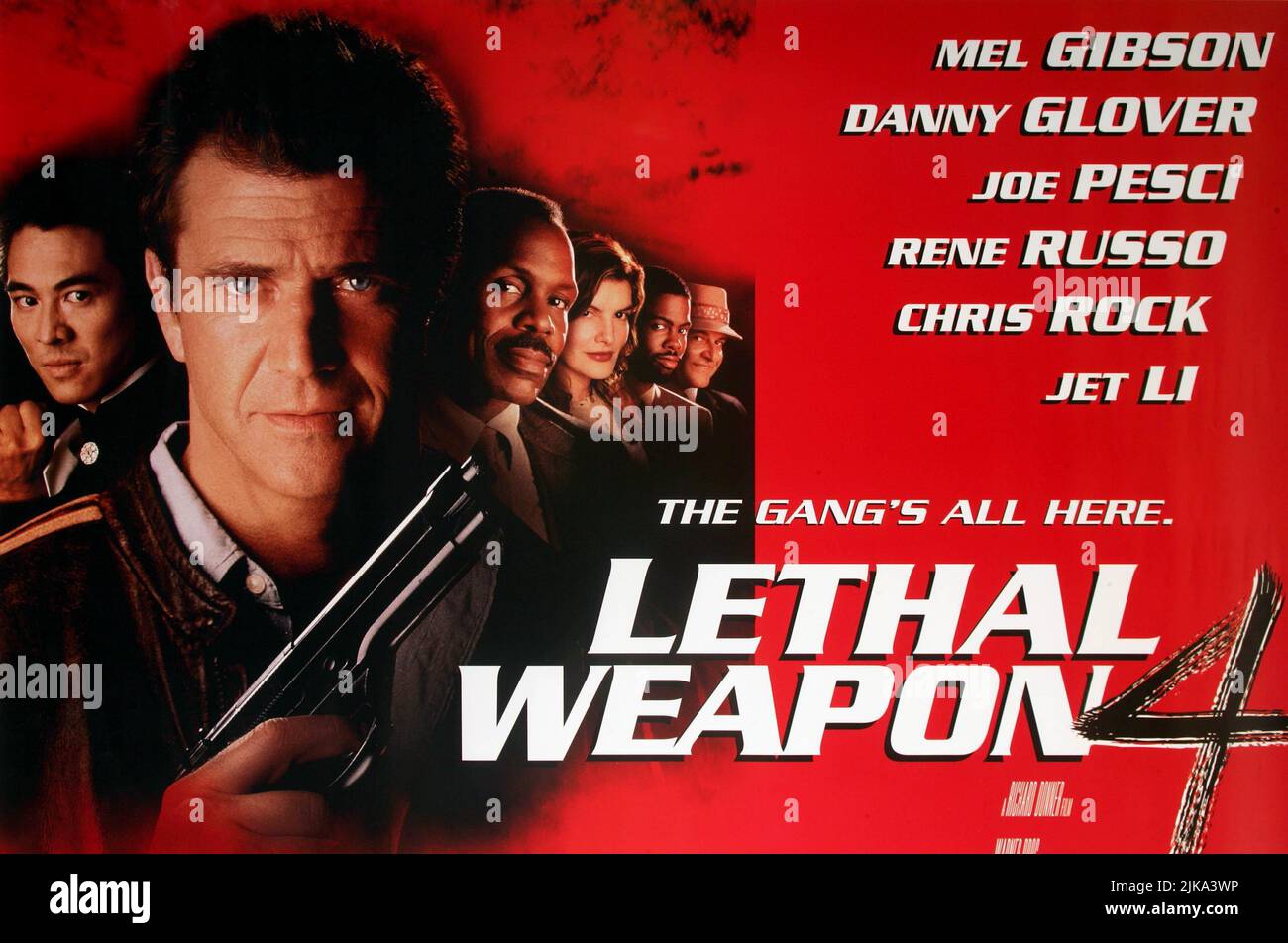 Jet Li, Mel Gibson, Danny Glover, Rene Russo, Chris Rock & Joe Pesci Poster Film: Lethal Weapon 4 (USA 1998)   Director: Richard Donner 10 July 1998   **WARNING** This Photograph is for editorial use only and is the copyright of WARNER BROS. and/or the Photographer assigned by the Film or Production Company and can only be reproduced by publications in conjunction with the promotion of the above Film. A Mandatory Credit To WARNER BROS. is required. The Photographer should also be credited when known. No commercial use can be granted without written authority from the Film Company. Stock Photo