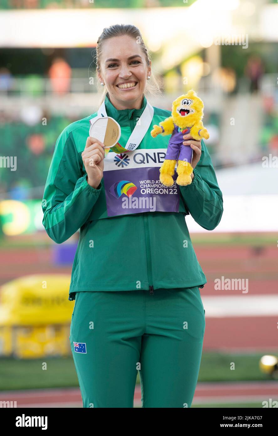 Kelsey-Lee Barber (AUS) celebrating her Gold medal in the women’s javelin on day eight at the World Athletics Championships, Hayward Field, Eugene, Or Stock Photo