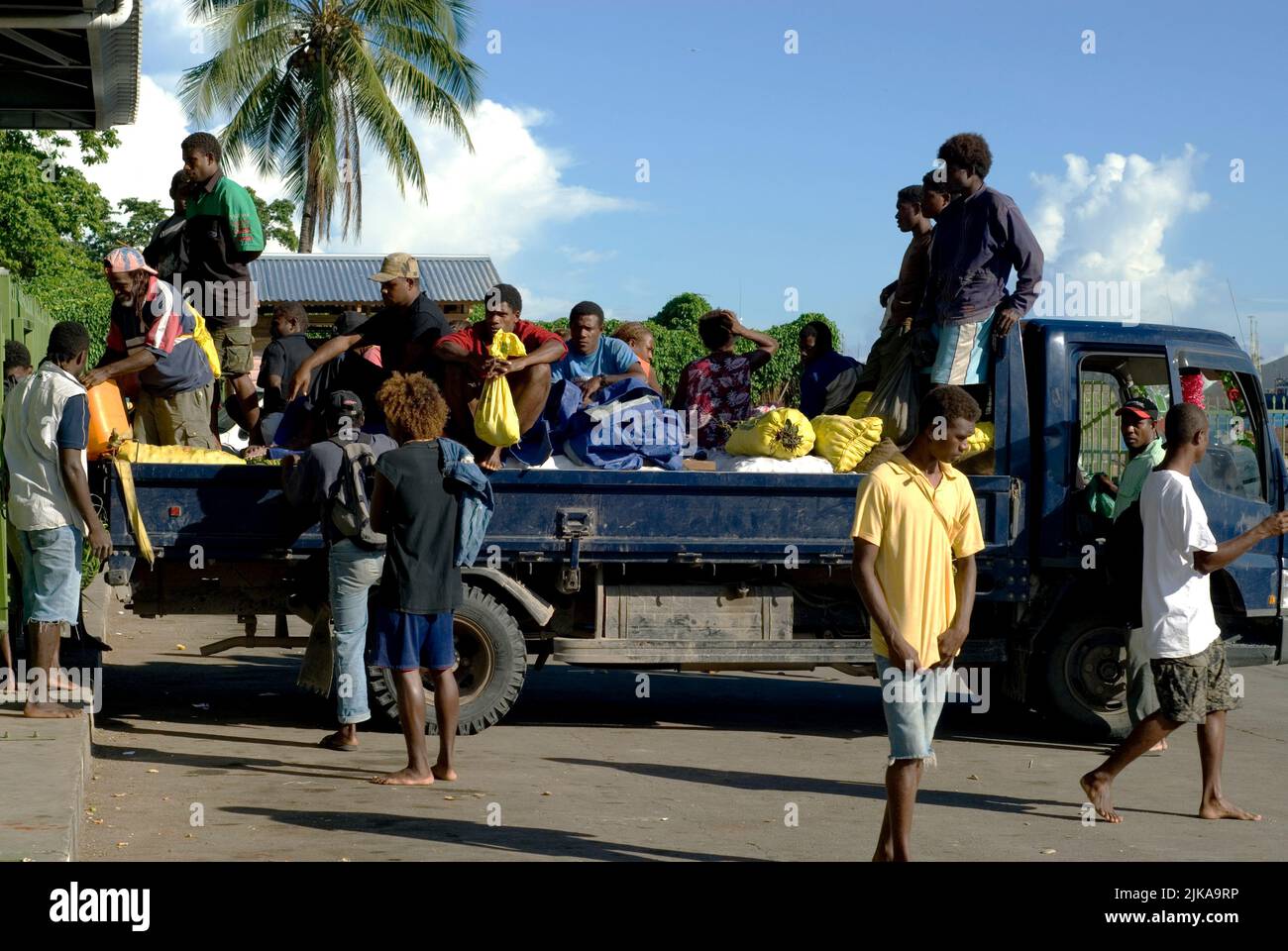 Boarding trucks outside the central market in Honiara, Guadalcanal, Solomon Islands Stock Photo