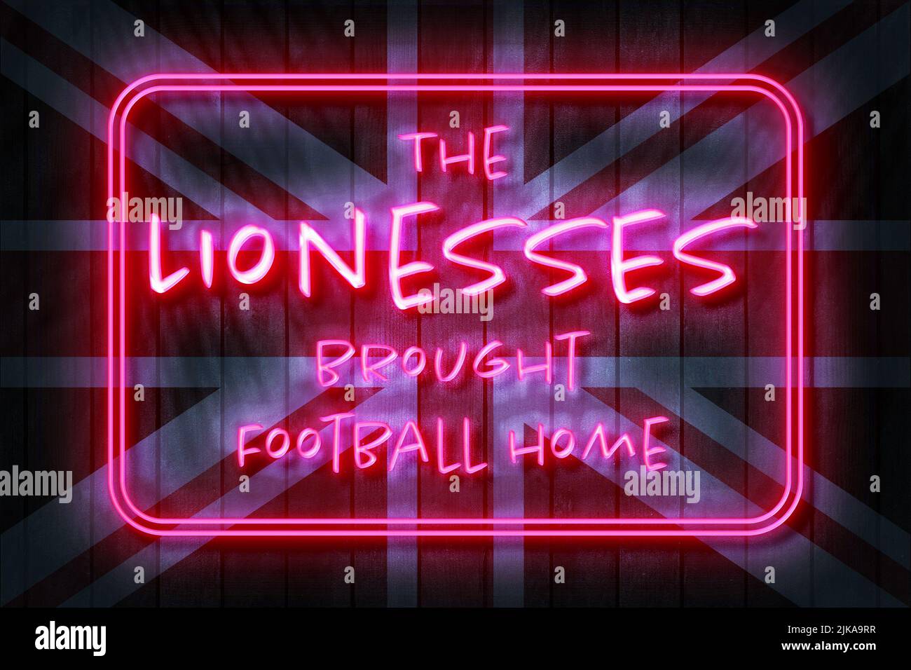 Lionesses Brought It Home 3D illustration on a Union Jack Background. Stock Photo