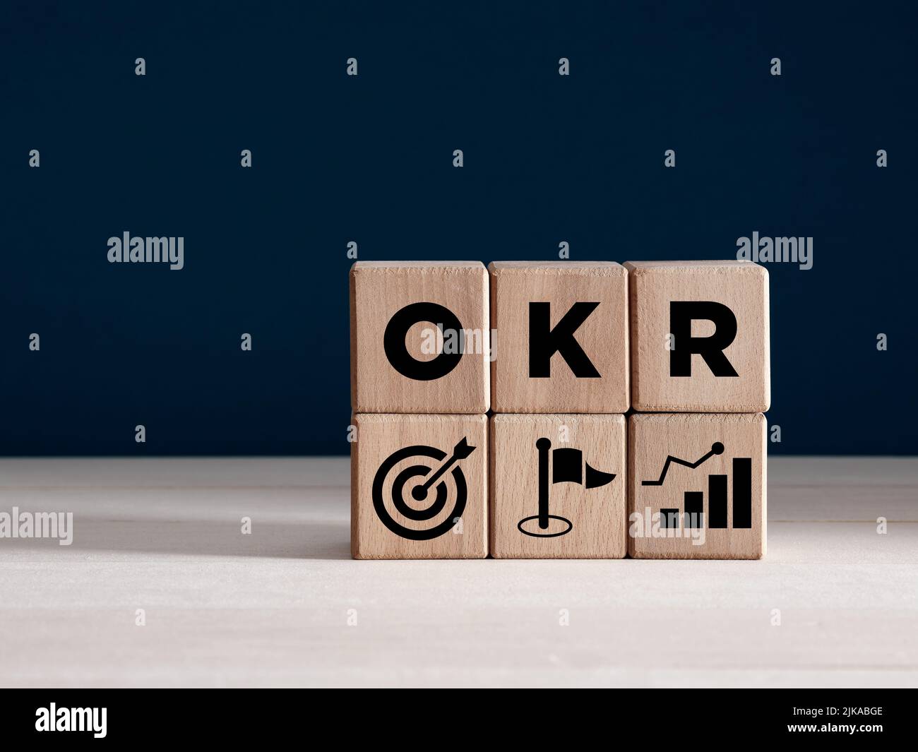 OKR Objectives and Key Results concept on wooden cubes. Business target, growth achievement and performance concept. Stock Photo