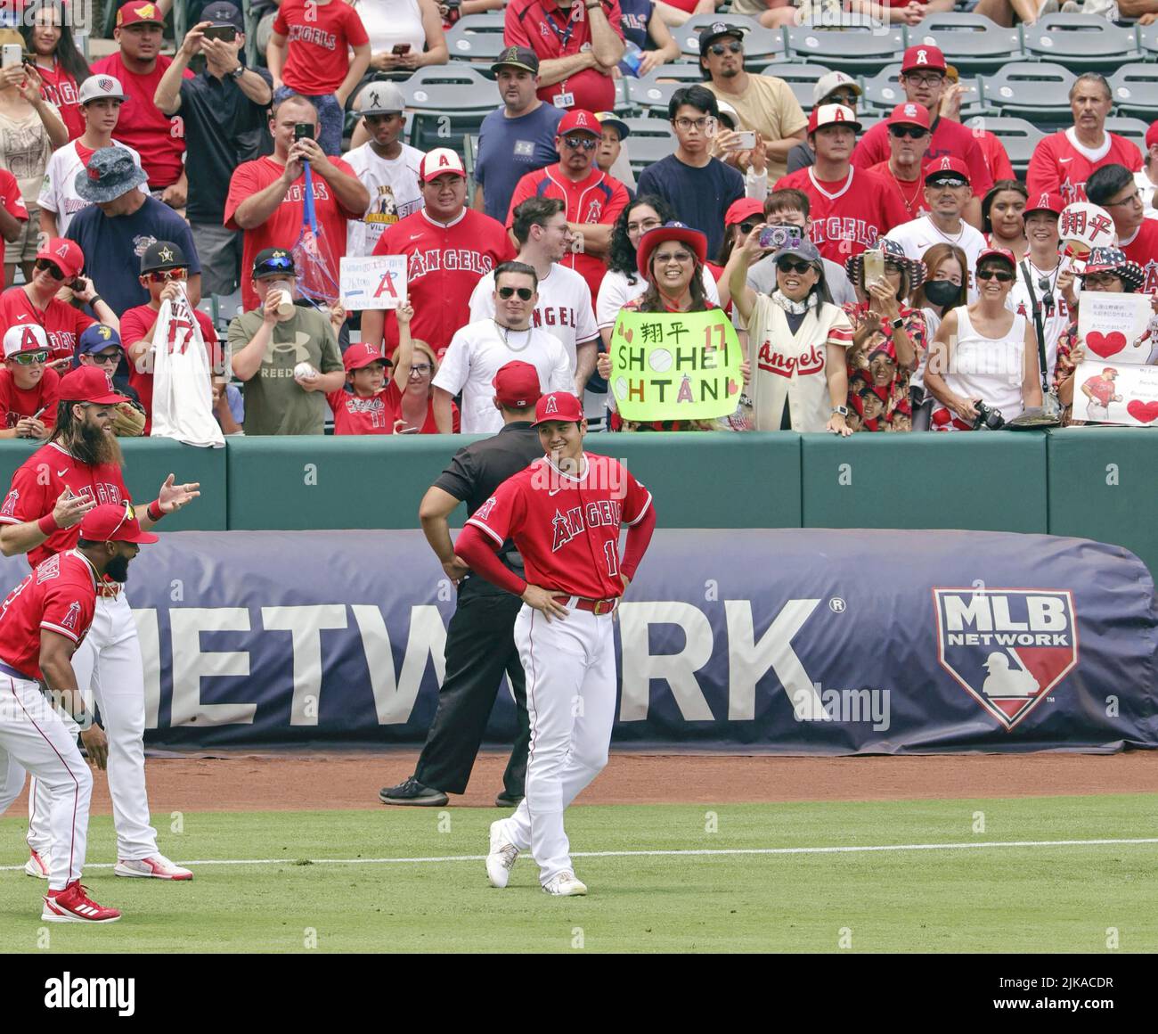 Giant Angel hats at the entrance of Angel Stadium of Anaheim, home of the Los  Angeles Angels Major League baseball team, Anaheim, California Stock Photo  - Alamy