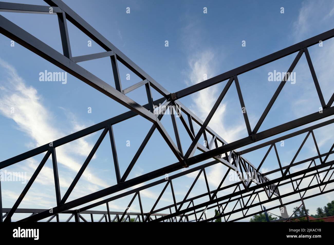 Steel structure, Unfinished steel roof structure in construction site. Stock Photo