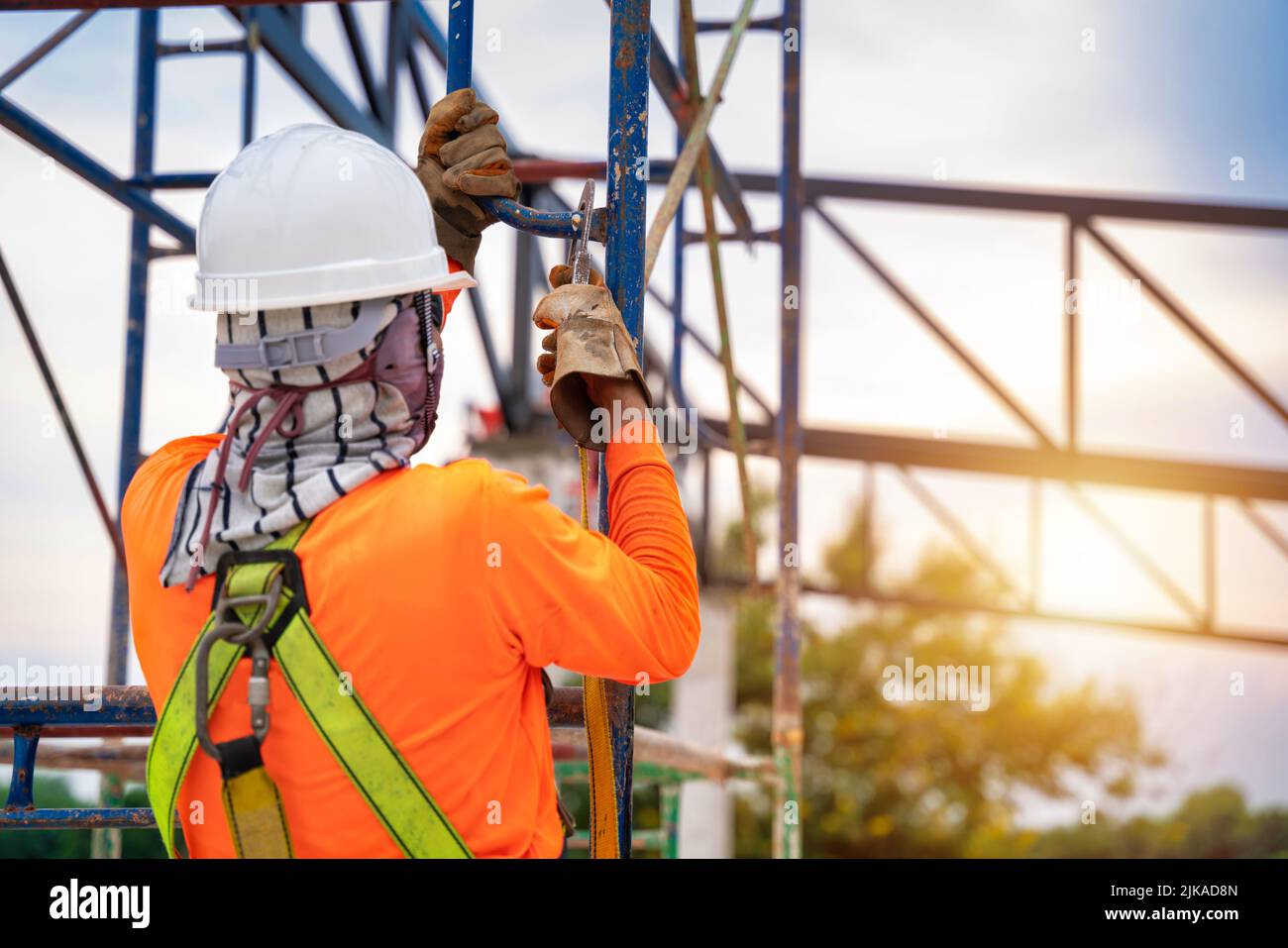 Close up Construction workers are using safety equipment to prevent falls from heights or Fall