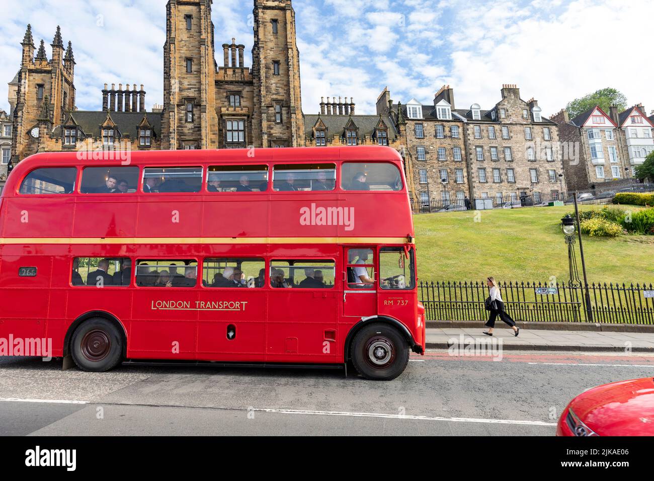 Edinburgh big red double decker tour bus, near The Mound in the city centre,Edinburgh,Scotland,UK, summer 2022 Stock Photo