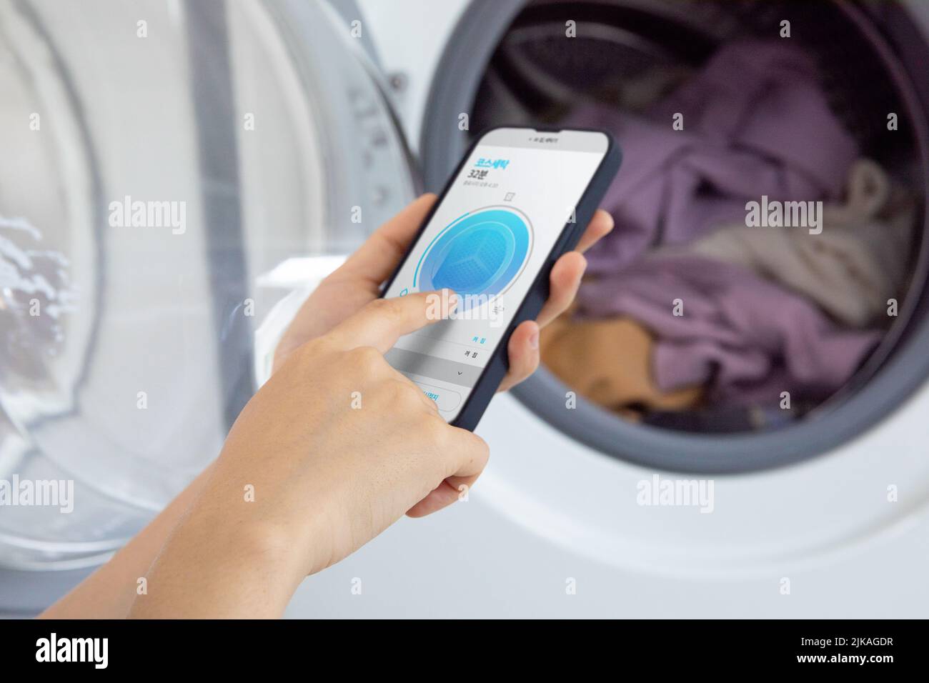 aesthetic laundry concept Connecting washing machine app with mobile