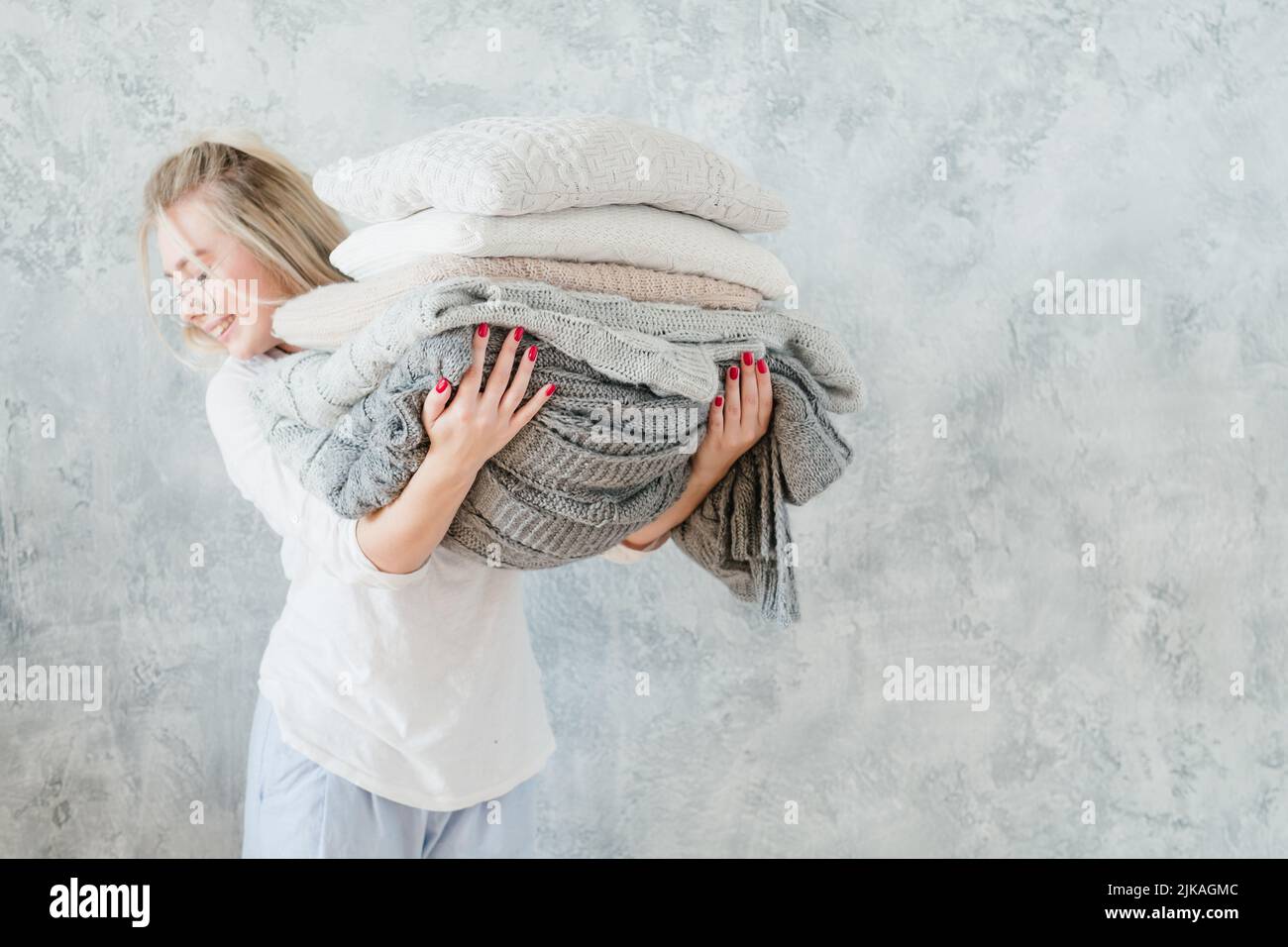 cold season home textile knitted blanket pillow Stock Photo