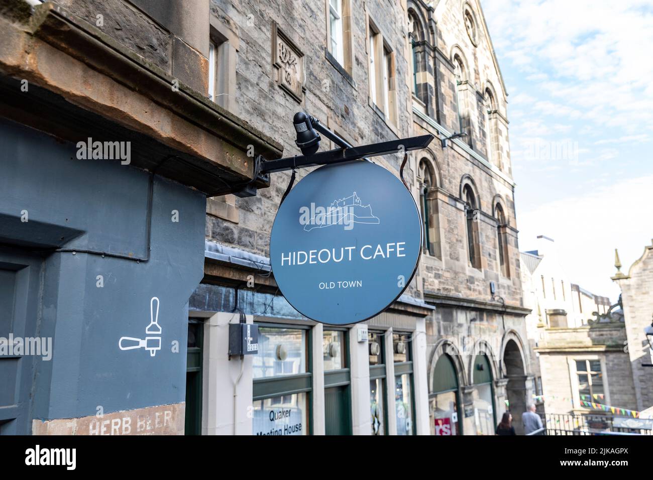 Edinburgh old town, coffee shop and cafe the Hideout, with street signage, Scotland,Uk summer 2022 Stock Photo