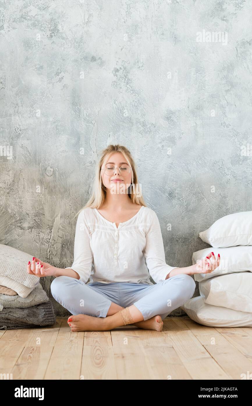 morning meditation lifestyle woman sit cross legged Stock Photo Alamy