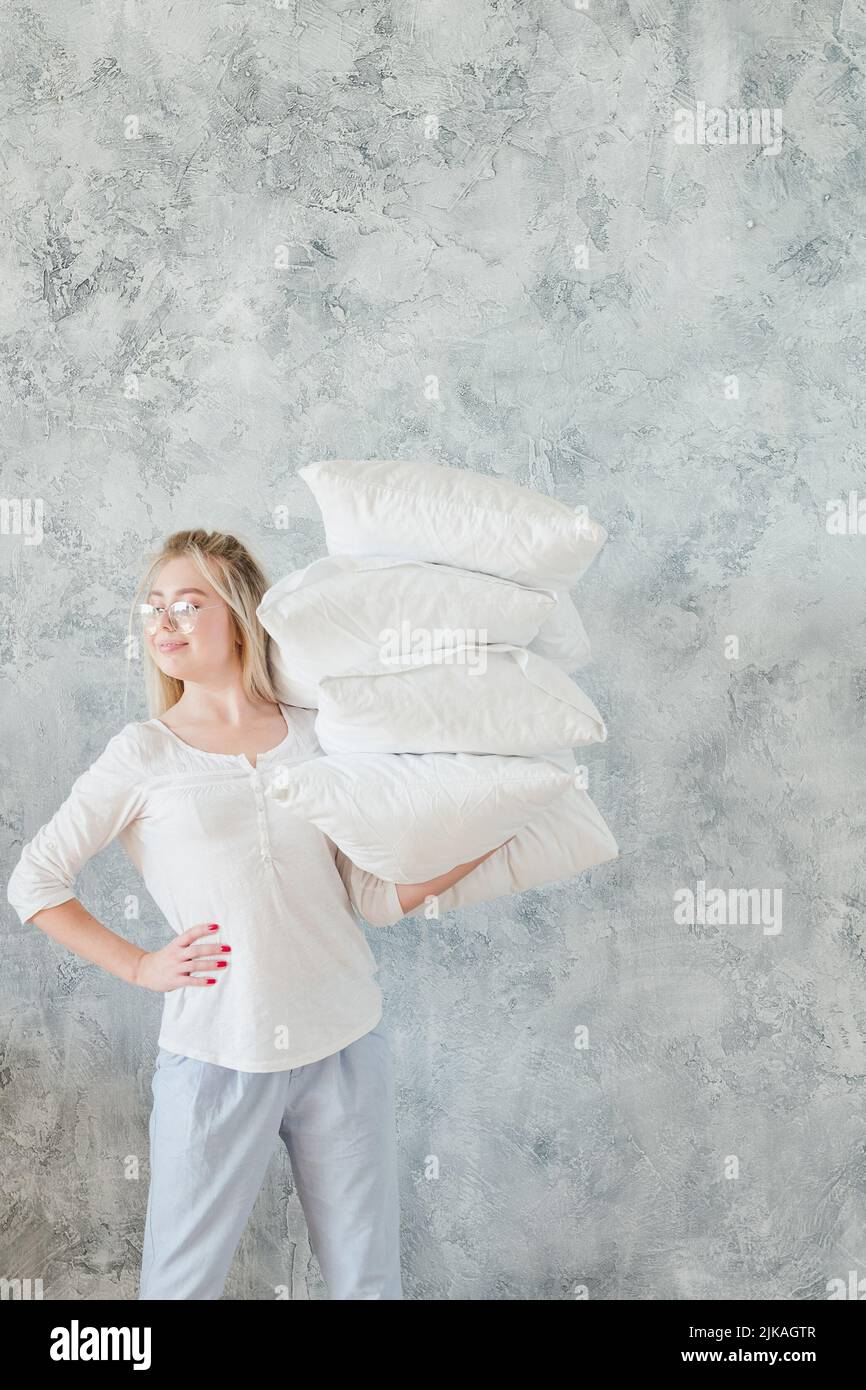 making bed morning chores housewife hold pillows Stock Photo Alamy