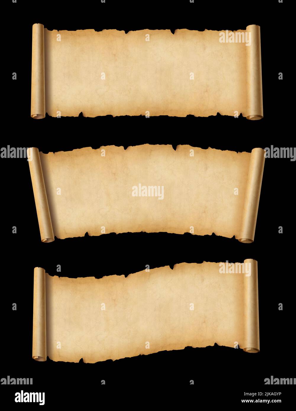 Old Parchment paper scroll isolated on black. Horizontal banners set Stock Photo