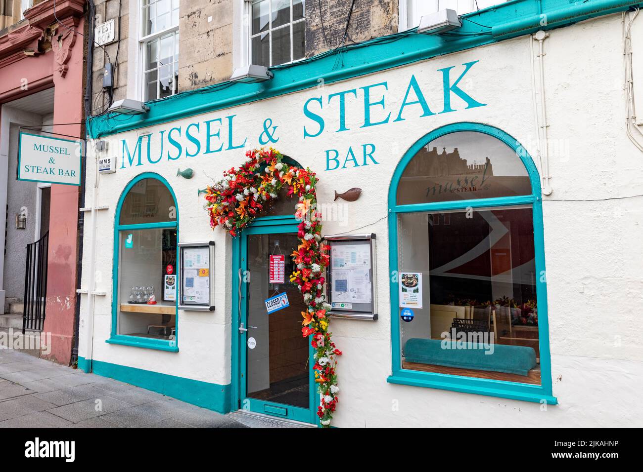 Edinburgh old town and Mussel & Steak bar restaurant on West Bow