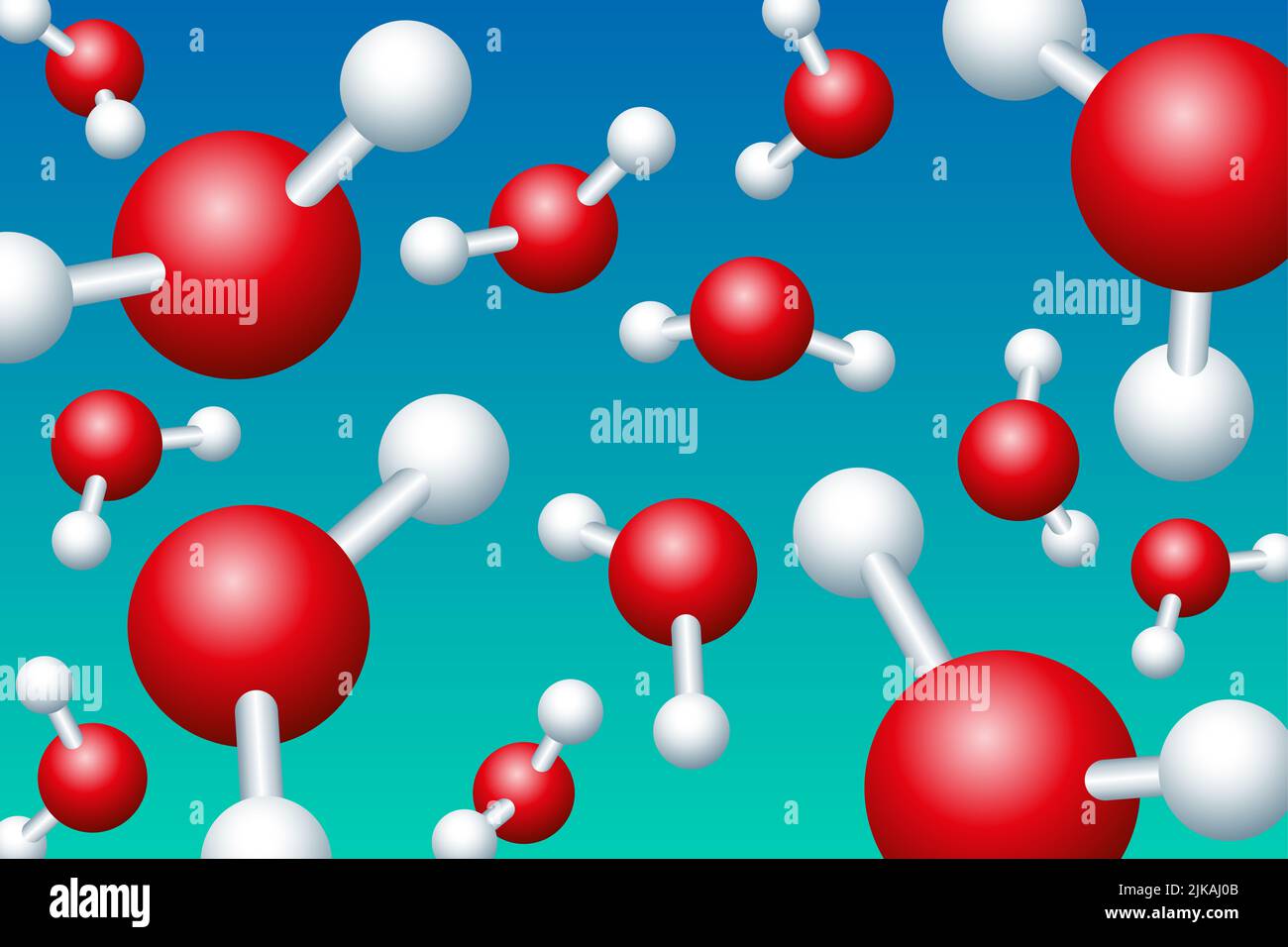 Water molecules floating around in front of a bluish turquoise background. Ball-and-stick models of H2O molecules. Stock Photo