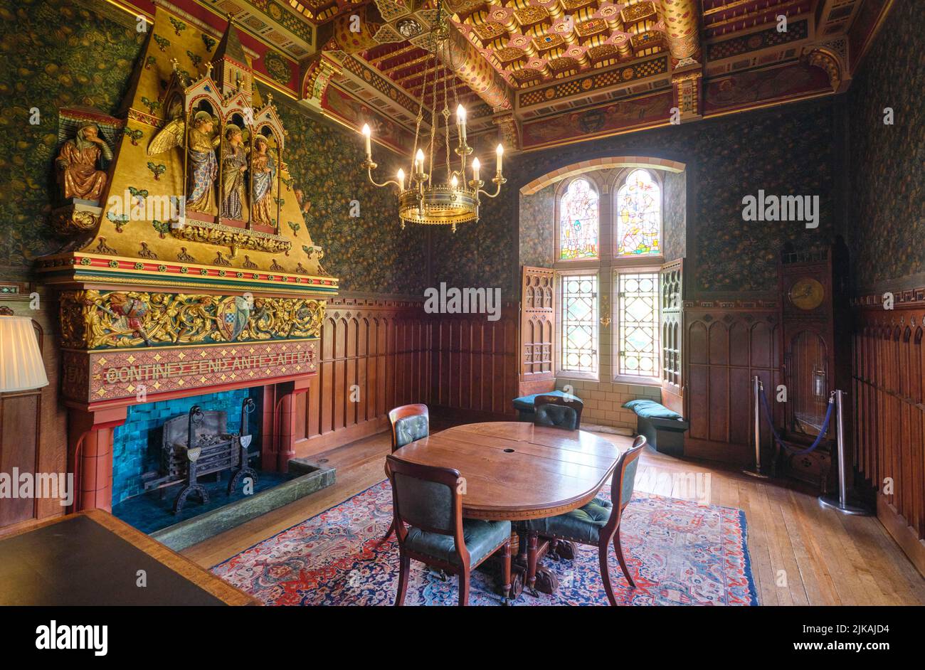 A view of the grand dining room with big, huge fireplace. At Cardiff