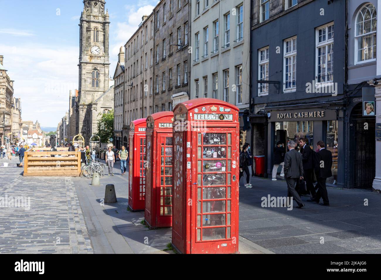 London style red phone boxes on the Royal Mile in Edinburgh city centre,Scotland,UK,summer 2022 Stock Photo