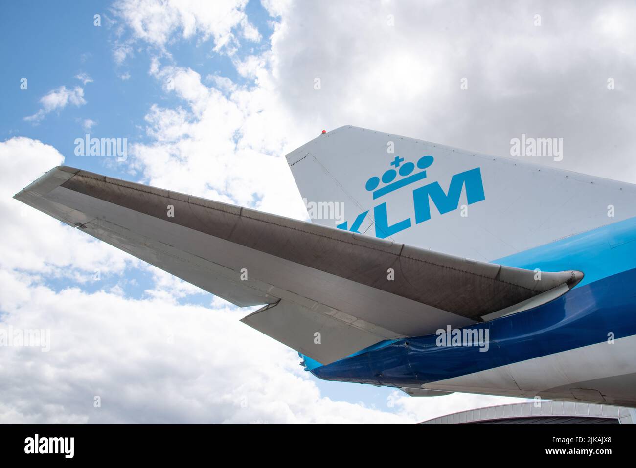 Lelystad, Netherlands. July 2022. Close up of the tail section of an aircraft. High quality photo Stock Photo